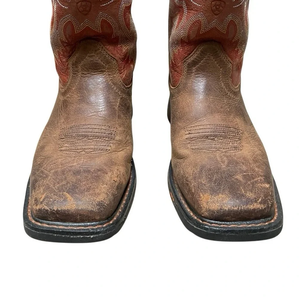 Ariat Kids Work Hog Size 6 Square Toe Distressed Western Boots Tan Red 10007837